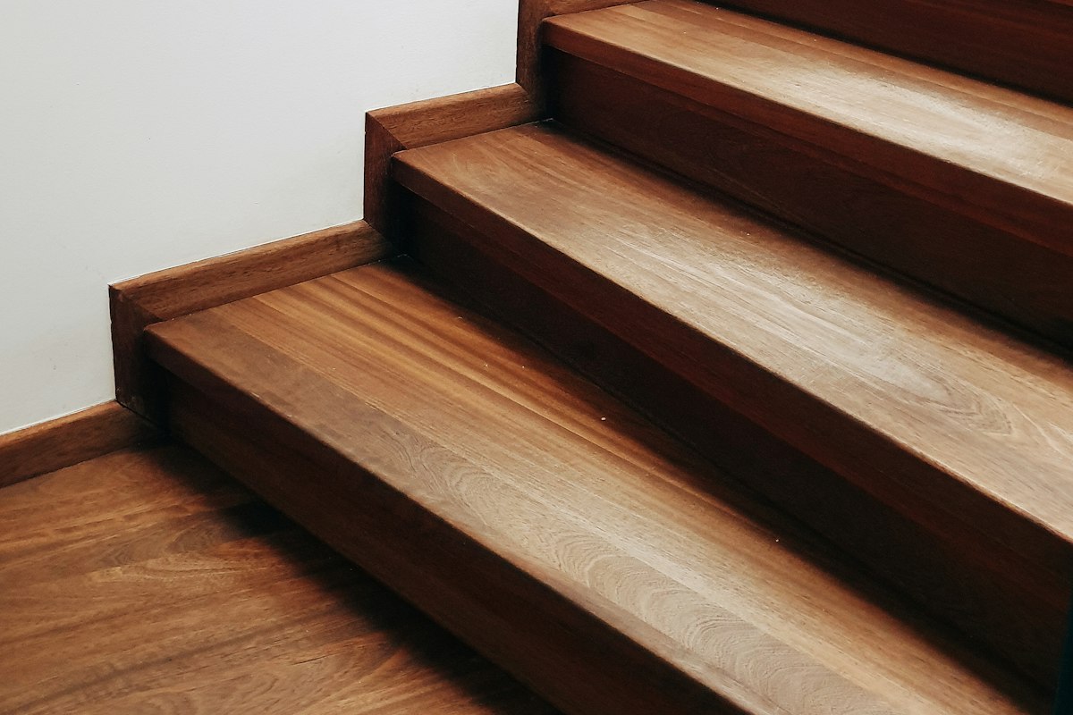 Close-up of wood stair treads and risers